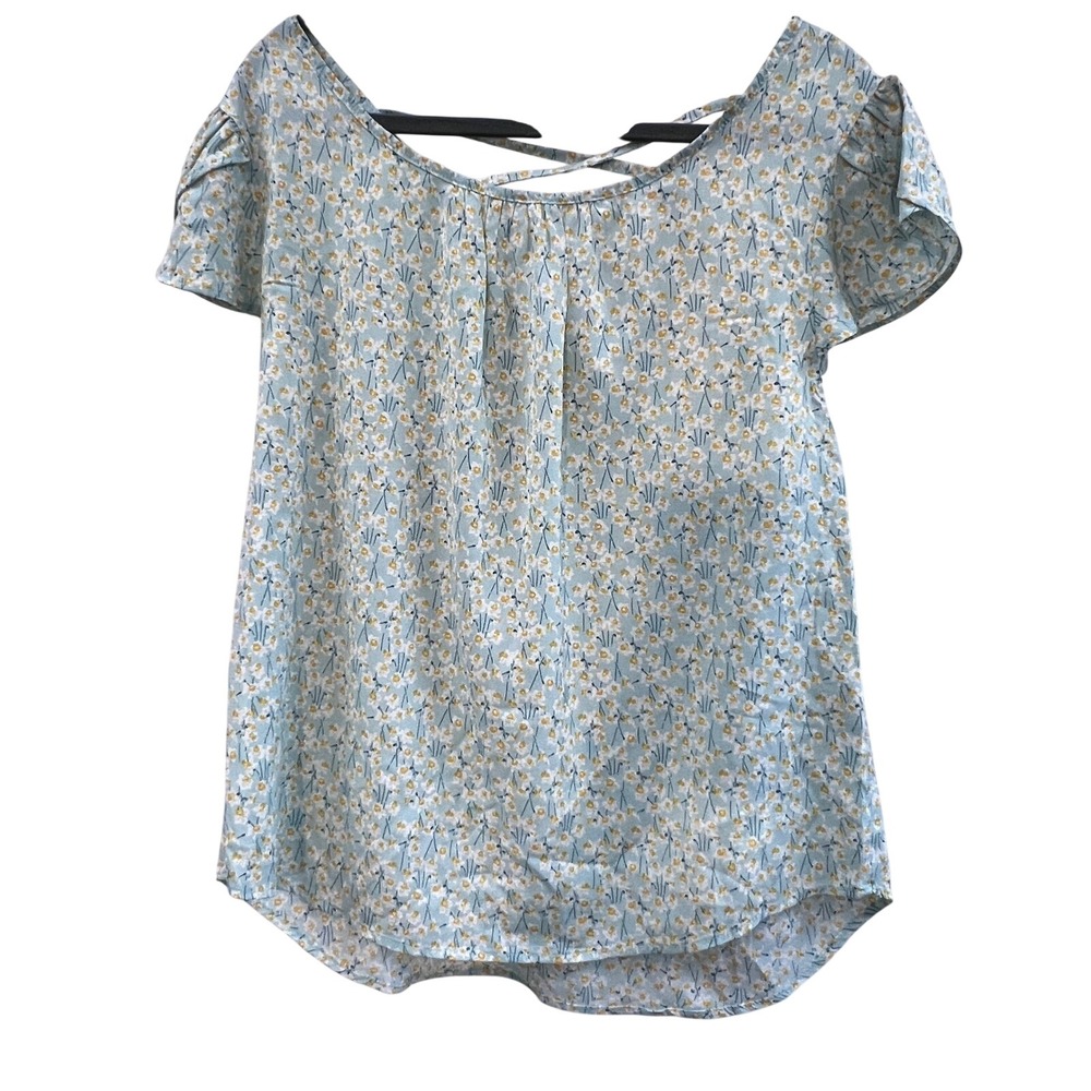Pretty summer blouse Blue Floral Daffodil Strappy Back Top Large NEW resort wear